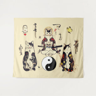 SAMURAI-KATTEN IN SKULL, SKELETON, BUTTERFLY-TATTO WANDKLEED