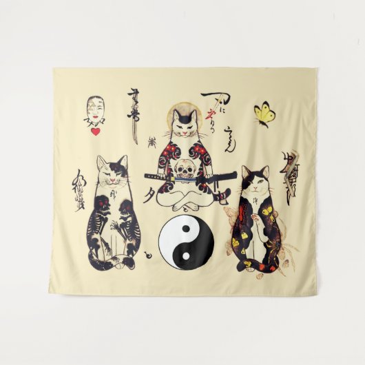 SAMURAI-KATTEN IN SKULL, SKELETON, BUTTERFLY-TATTO WANDKLEED (Voorkant (horizontaal))