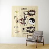 SAMURAI-KATTEN IN SKULL, SKELETON, BUTTERFLY-TATTO WANDKLEED (In situ)