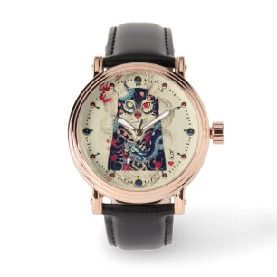 SAMURAI KATTENPORTRET MET SLANG TATTOOS HORLOGE