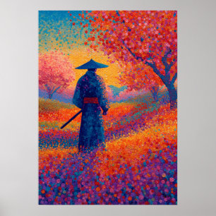 Samurai Kersenbloesem Pointillisme Kunst Poster