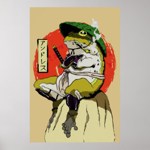 Samurai kikker met rode zon esthetiek poster