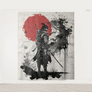 Samurai-Krieger, umgeben von Tintenspritzern. Wandkleed