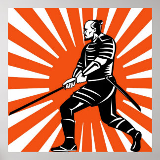 Samurai-krijger met katana-zwaard naar zijkant poster