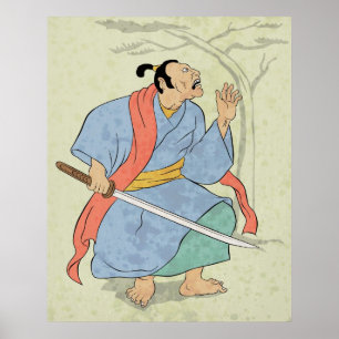 Samurai-krijger met zwaardhoutblokafdruk poster