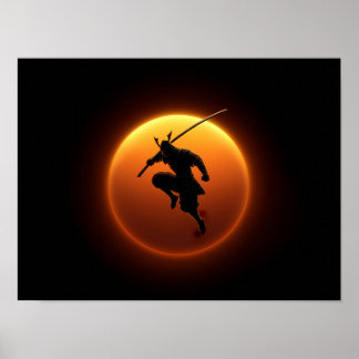 Samurai-krijger Silhouet Tegen Oranje Zon Poster