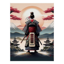 Samurai met pagodes en zonsopgang