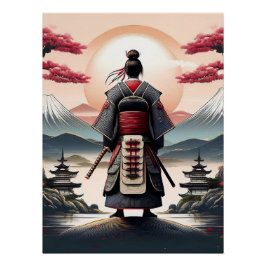 Samurai met pagodes en zonsopgang perfect poster