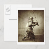 Samurai met verhoogd zwaard, c.1860 (albumenafdruk briefkaart (Voorkant / Achterkant)