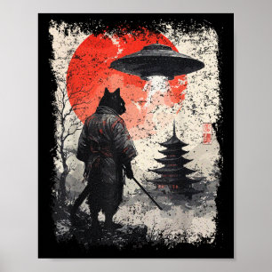 Samurai Ninja Kat Krijger Sumi-e Ufo Ukiyo-e Weten Poster