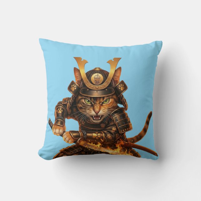 Samurai Orange Cat - Coussin de jet en art japonai (Recto)