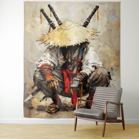 Samurai Resting Palette Knife Orange Impasto Wandkleed (In situ)