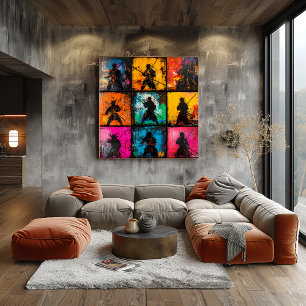 Samurai Silhouette Art Grid Bold Graffiti Style Poster