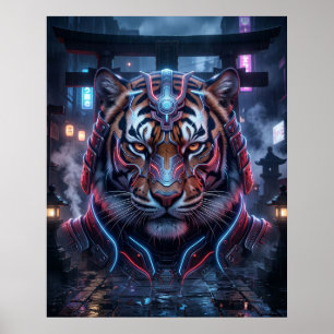 Samurai Tijger Neon Tempel Poster