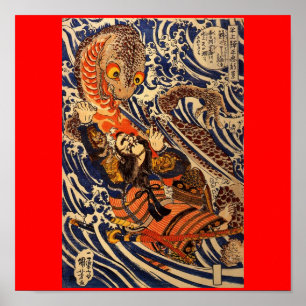 Samurai vecht grote reptielen, ongeveer 1800's poster