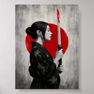 Samurai vrouw met Katana voor de rode zon Poster