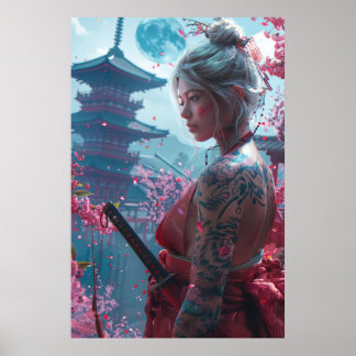 Samurai woman warrior with katana — Japanese cultu Poster