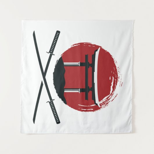 Samurai-zwaardpictogram met Torii gate cartoon vin Wandkleed (Voorkant (horizontaal))