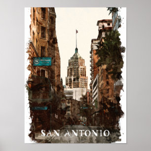 San Antonio Texaanse Vintage City Travel Waterverf Poster