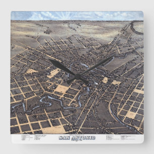 San Antonio, Texas, Antiek luchtstadskaart, 1873 Vierkante Klok