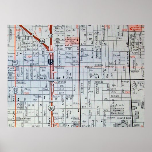 San Bernardino, CA Poster de la carte Vintage (Devant)