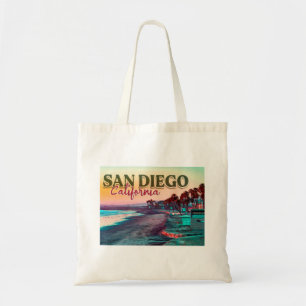 San Diego Beach Californië Waterverf Zonsondergang Tote Bag