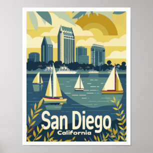 San Diego CA - Uitzicht Across the Bay Vintage Tra Poster