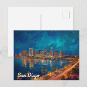 San Diego CA Waterfront City Art Briefkaart (Voorkant / Achterkant)
