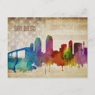 San Diego, CA Waterverf City Skyline Briefkaart
