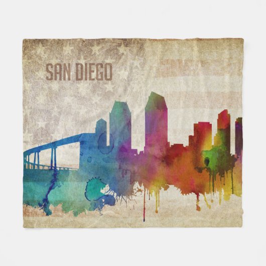 San Diego, CA | Waterverf City Skyline Fleece Deken (Voorkant (Horizontaal))