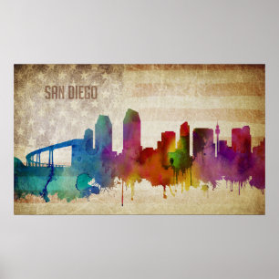 San Diego, CA Waterverf City Skyline Poster
