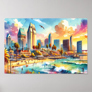 San Diego California Travel Plaatsen waterverf Poster