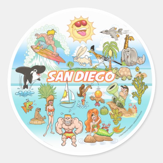 San Diego Cartoon Ronde Sticker (Voorkant)