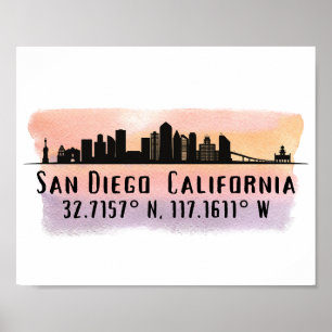 San Diego City Skyline Latitude en Lengtegraad Poster