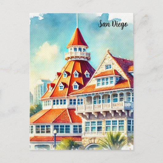 San Diego Coronado Waterverf Briefkaart (Voorkant)
