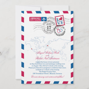 San Diego & Germany Airmail Heart Wedding Kaart