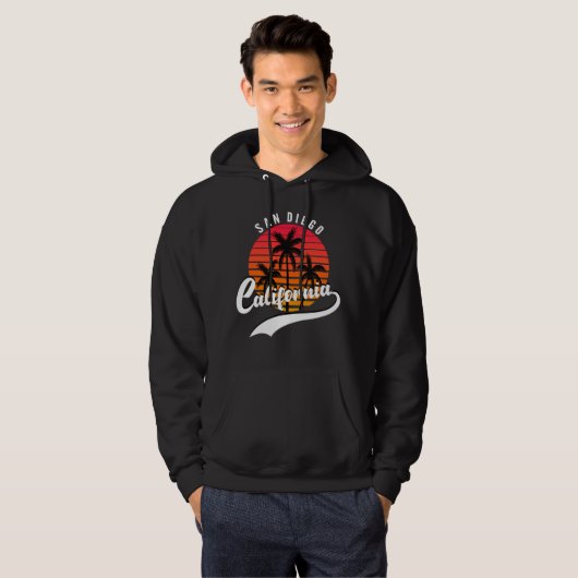 San Diego Retro Sunset en Palm Trees Black Hoodie (Voorkant volledig)