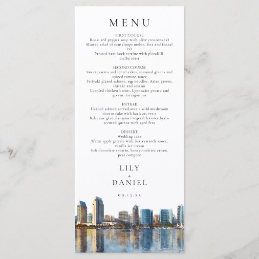 San Diego Skyline Watercolor Destination Wedding Menu (Voorkant)