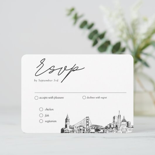 San Francisco Bruiloft Traditionele RSVP Maaltijd Informatiekaartje (Staand voorkant)
