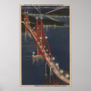 San Francisco, CA - Nacht Uitzicht Golden Gate Poster