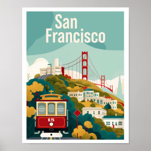 San Francisco CA Rode Kabelbaan Vintage Reizen Poster