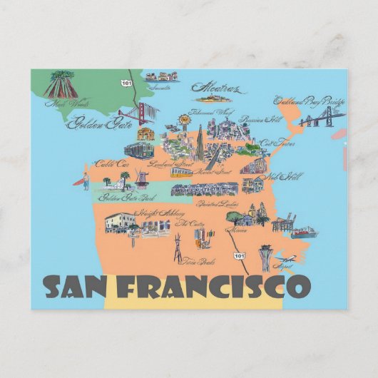 San Francisco California Highlight Maps Briefkaart (Voorkant)