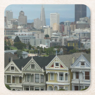 San Francisco Postcard Row Stadsscene Fotografie Vierkante Kartonnen Onderzetter
