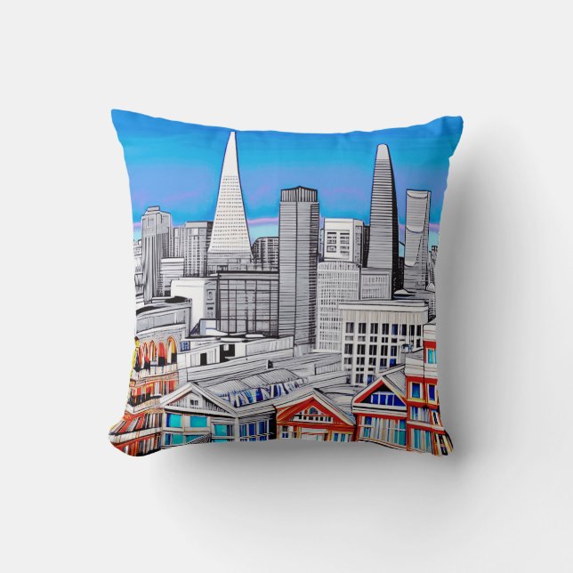 San Francisco Skyline Colored Line Art Kussen (Voorkant)