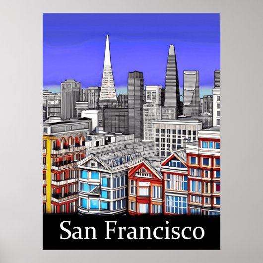 San Francisco Skyline Colored Line Art Poster (Voorkant)