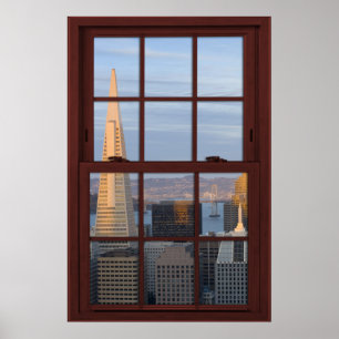 San Francisco Skyline Faux Cherry Wood Window Poster
