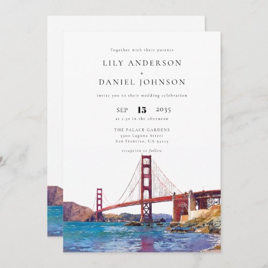 San Francisco Watercolor QR Code Wedding Kaart (Voorkant / Achterkant)