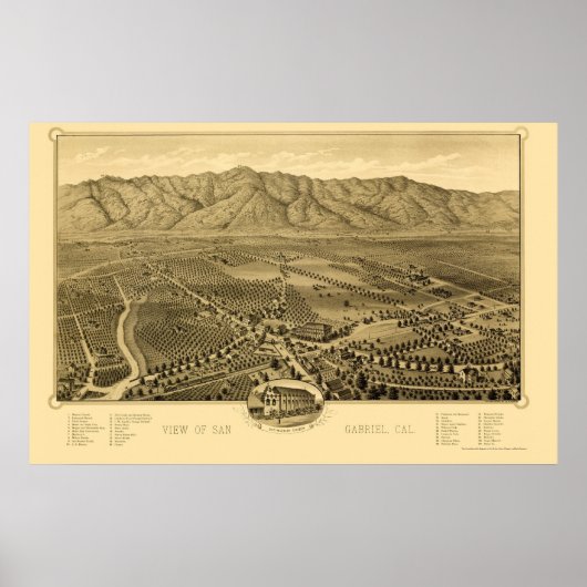 San Gabriel, CA Panoramic Map - 1893 Poster (Voorkant)