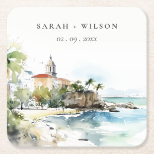 San Juan Puerto Rico Aquarel Landschap Bruiloft Vierkante Kartonnen Onderzetter