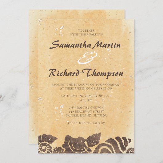 Sand and Seashells/Beach Wedding Invitation Kaart (Voorkant / Achterkant)